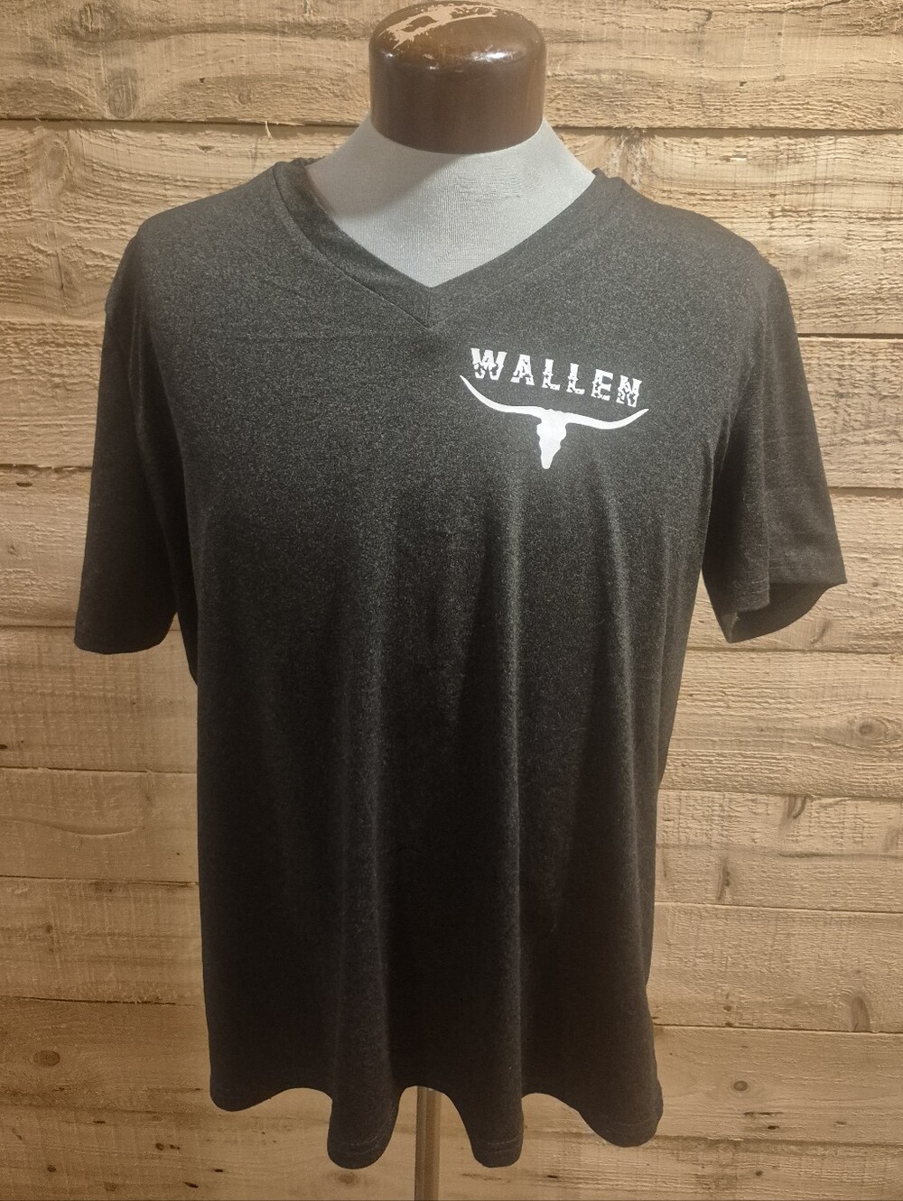 5/$30 or 10/$50. Women's Charcoal V-Neck Graphic Tee